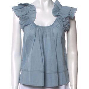 The Great Scoop Neck Ruffle Strap Tank, Dusty Blue, Size 2 (Medium.)